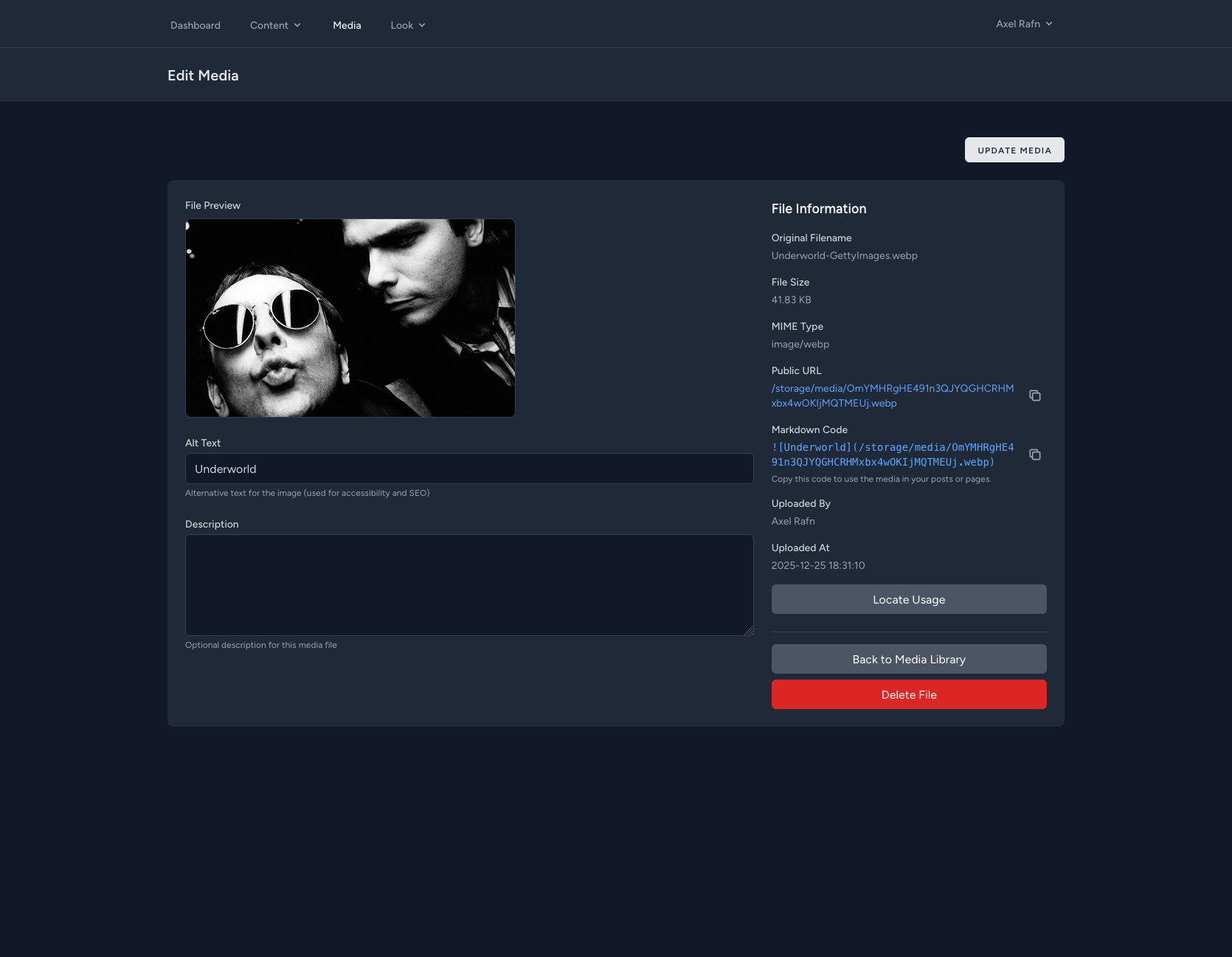 ScribeCMS bakendi media safn eitt item