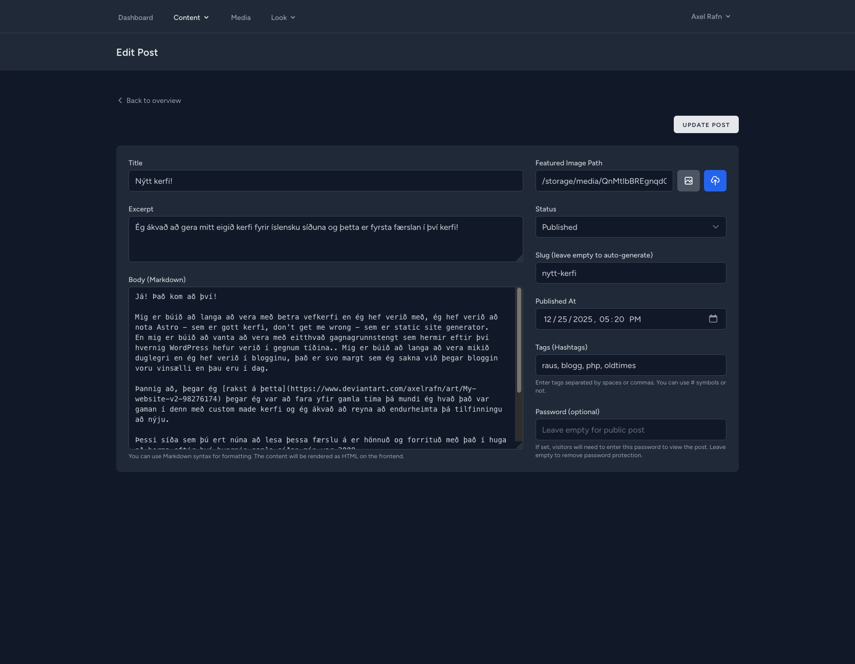 ScribeCMS bakendi færslu editor